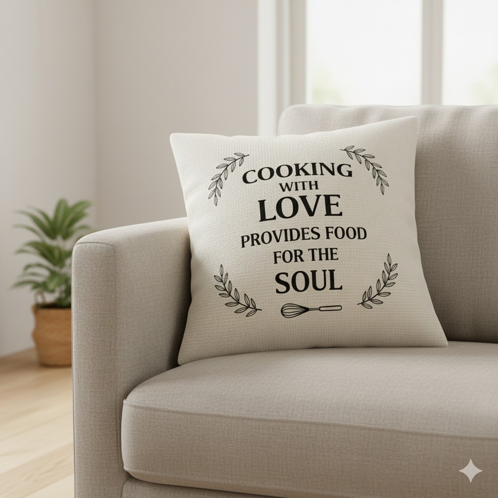 Throw pillows with culinary quotes or prints
